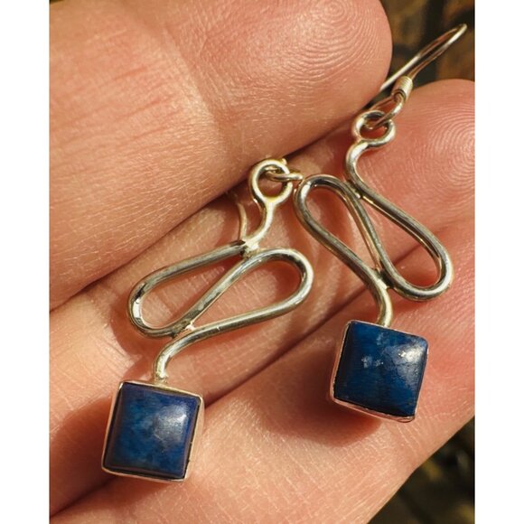 Sterling Silver 925 Lapis Lazuli Drop Dangle Earrings Hook Design, Weight 3.45g - Picture 1 of 11